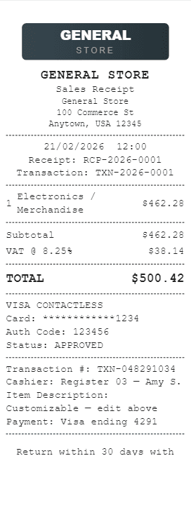 500 Dollar Receipt
