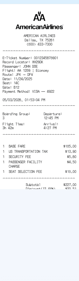 American Airlines Receipt