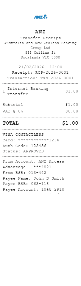 ANZ Bank Receipt