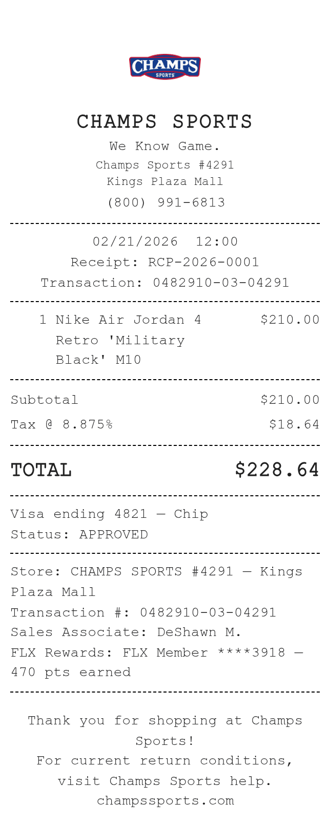 Champs Sports Receipt