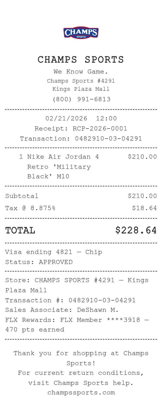 Champs Sports Receipt