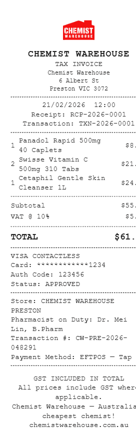Chemist Warehouse Receipt