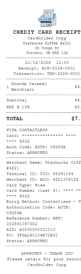 Credit Card Receipt Canada Receipt