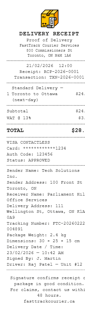 Delivery Receipt Canada Receipt