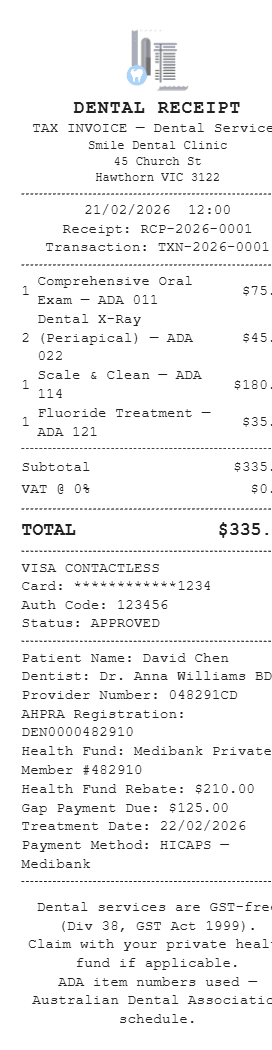Dental Receipt Australia Receipt