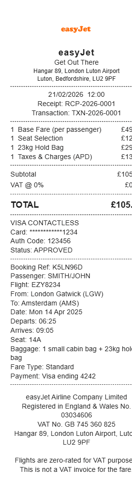 Easyjet Receipt