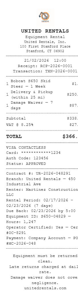 Equipment Rental Receipt