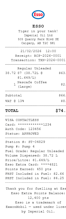 Esso Canada Receipt