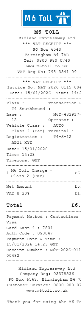 M6 Toll Receipt
