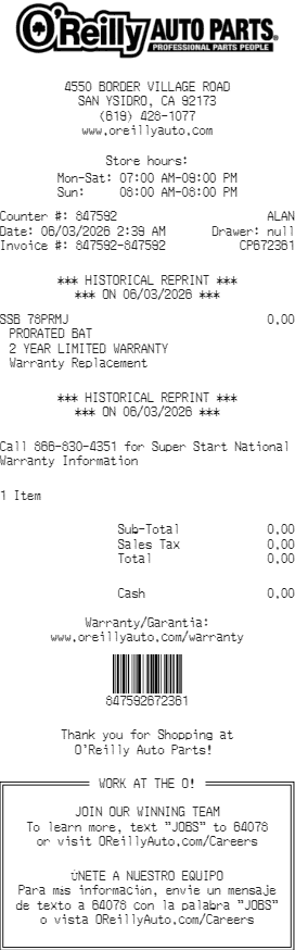 O'Reilly Auto Parts Receipt Logo