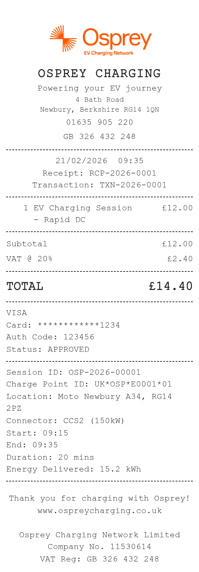 Osprey Charging Receipt
