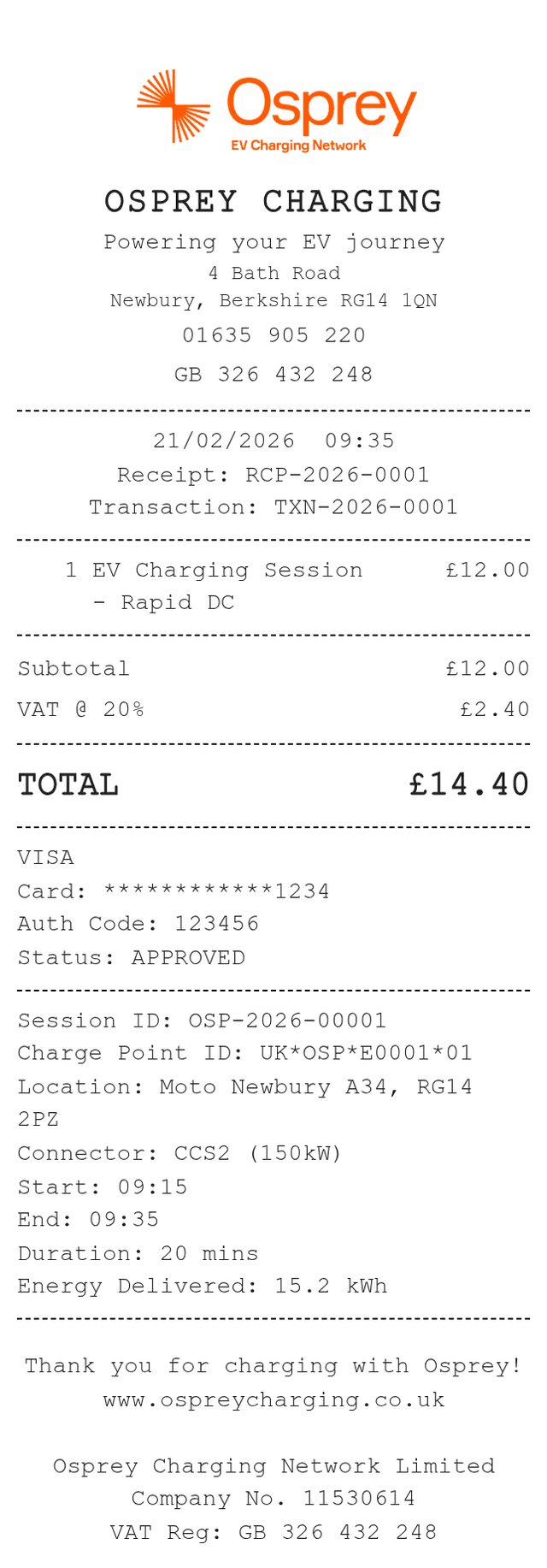 Osprey Charging Receipt