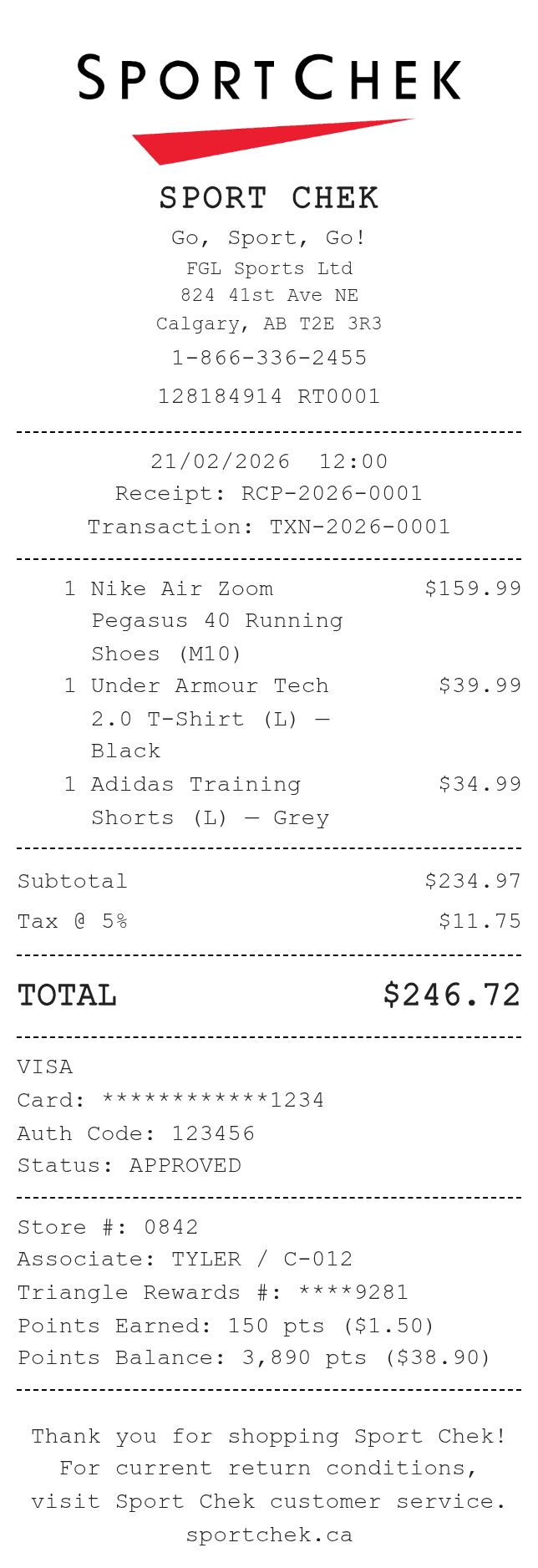 Sport Chek Receipt