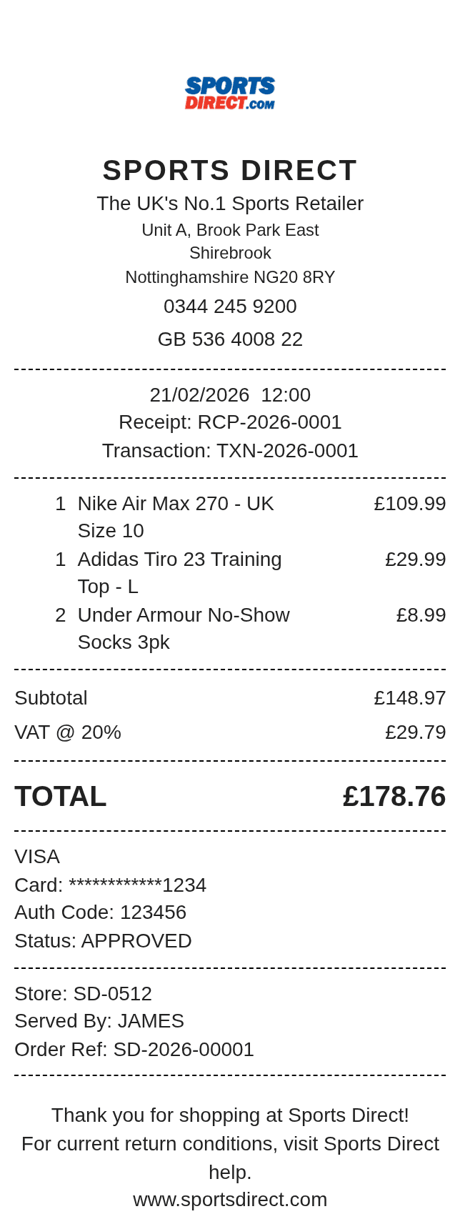 Sports Direct Receipt