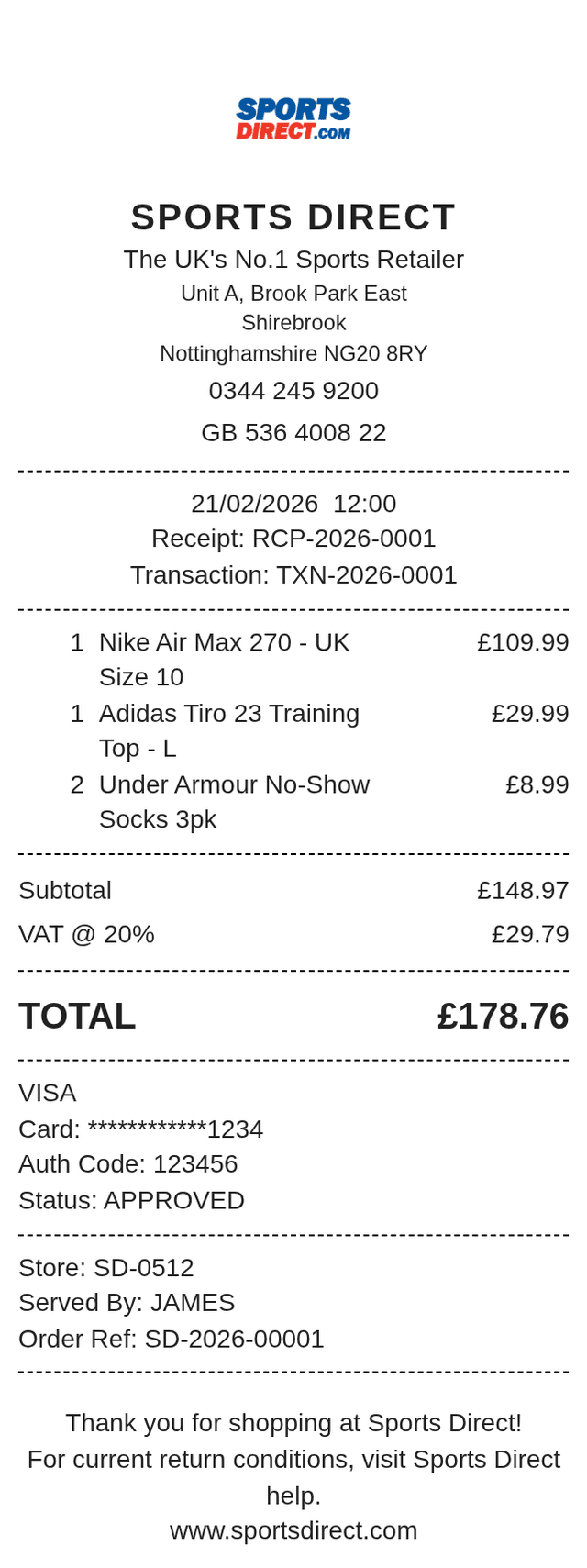 Sports Direct Receipt