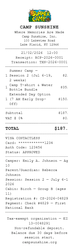 Summer Camp Receipt