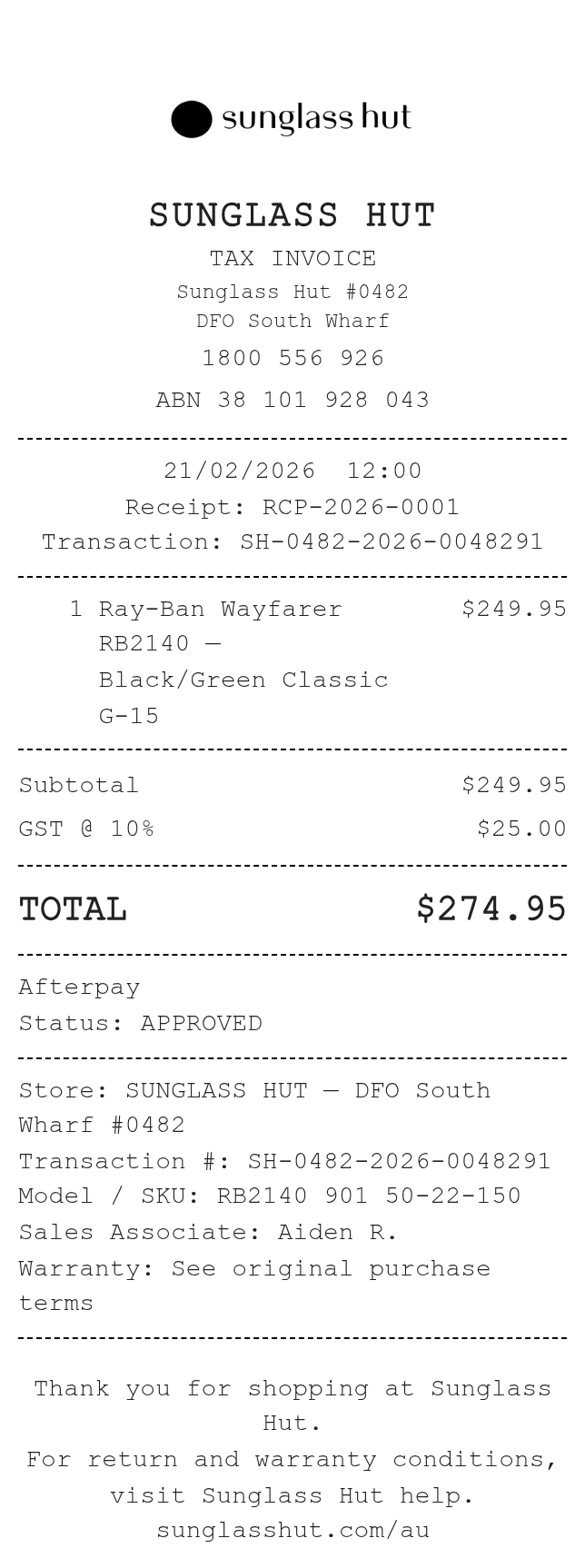 Sunglass Hut Receipt