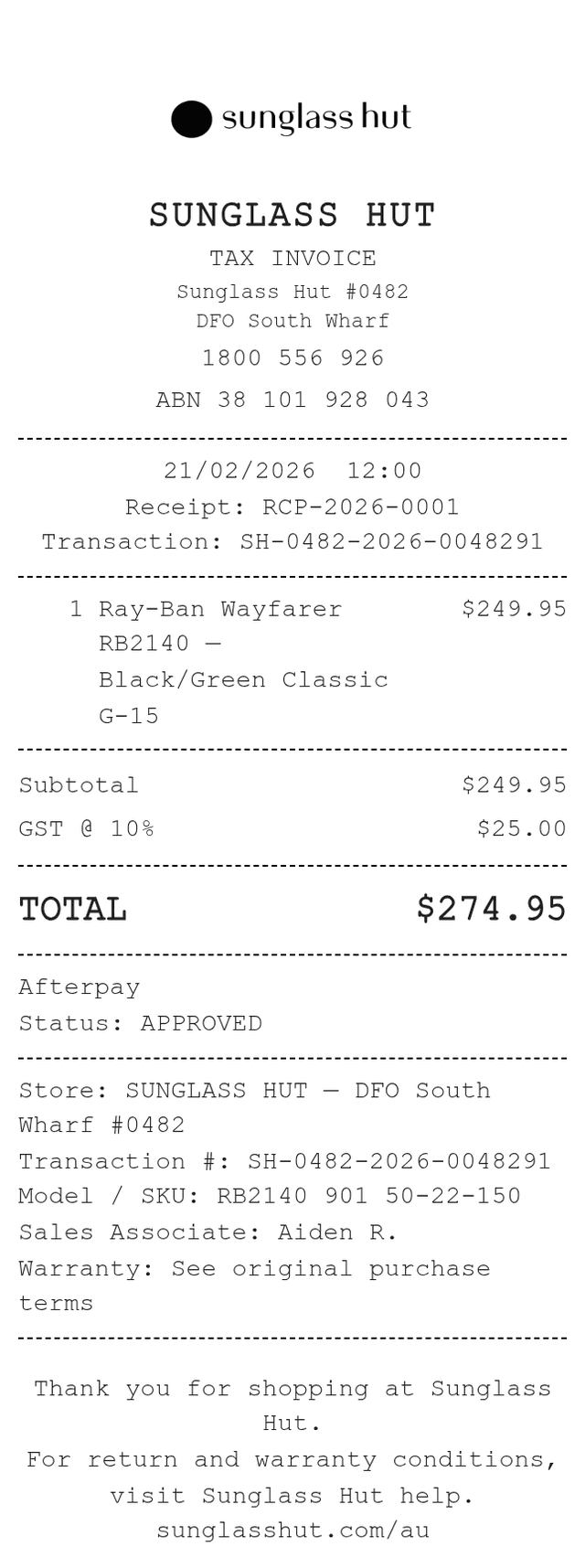 Sunglass Hut Receipt