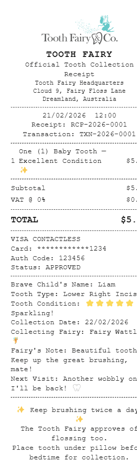 Tooth Fairy Receipt Australia Receipt