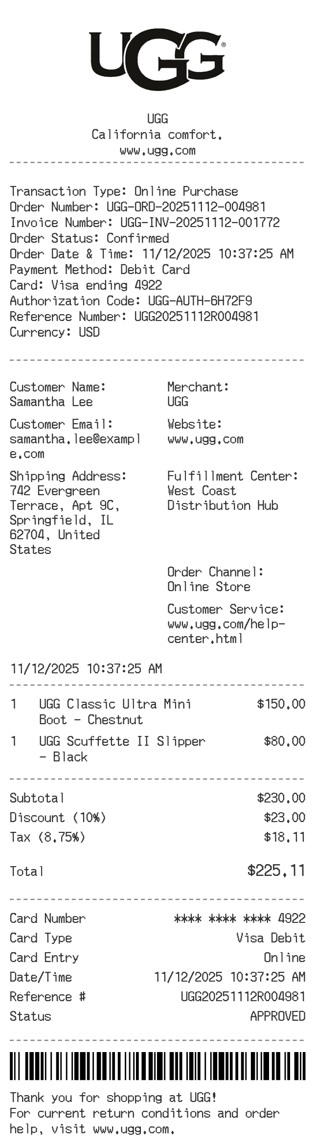 UGG Receipt