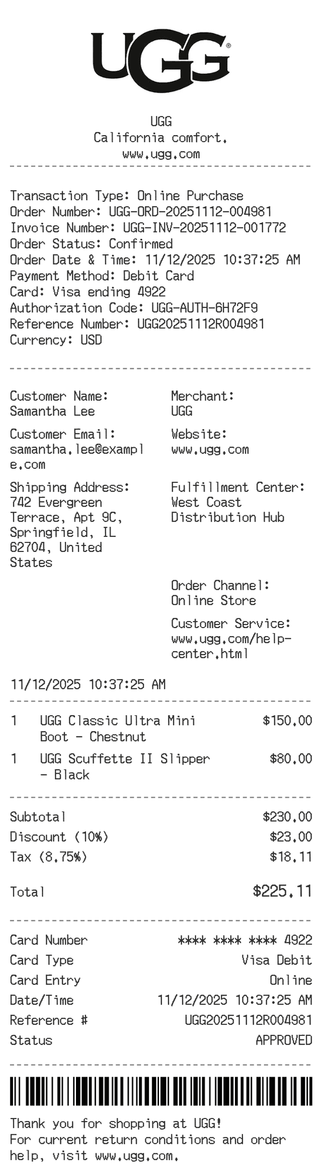 UGG Receipt