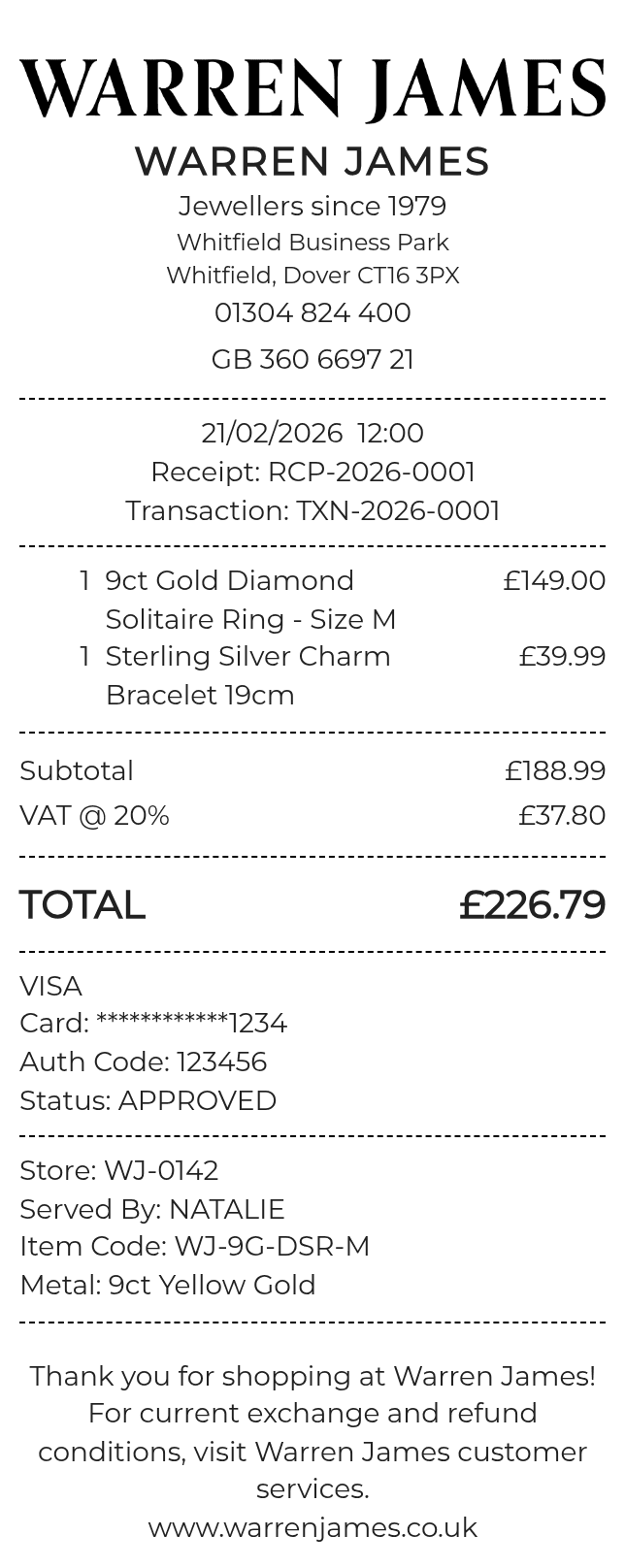 Warren James Receipt