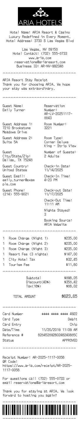 Aria Hotel Receipt