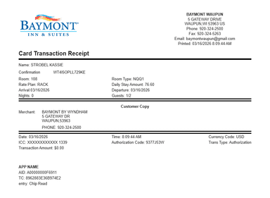 Baymont Hotel Receipt