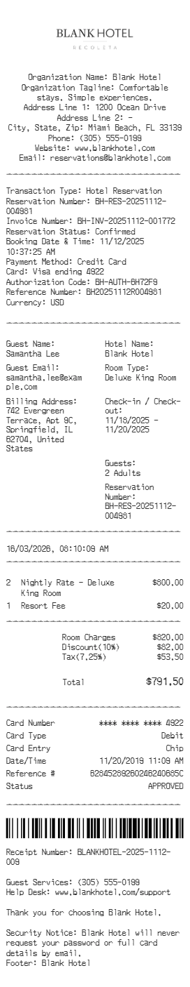 Blank Hotel Receipt
