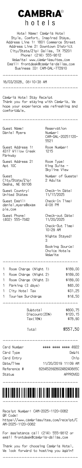 Cambria Hotel Receipt