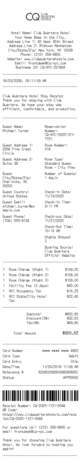 Club Quarters Receipt