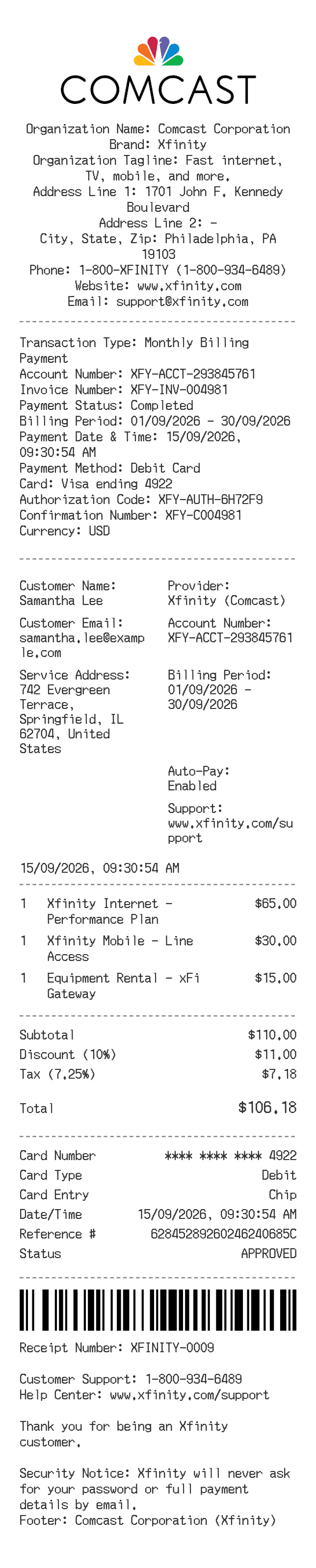 Comcast Receipt