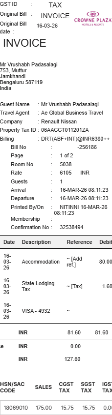 Crowne Plaza Receipt
