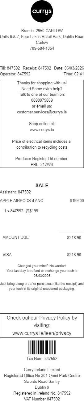 Currys Receipt Logo