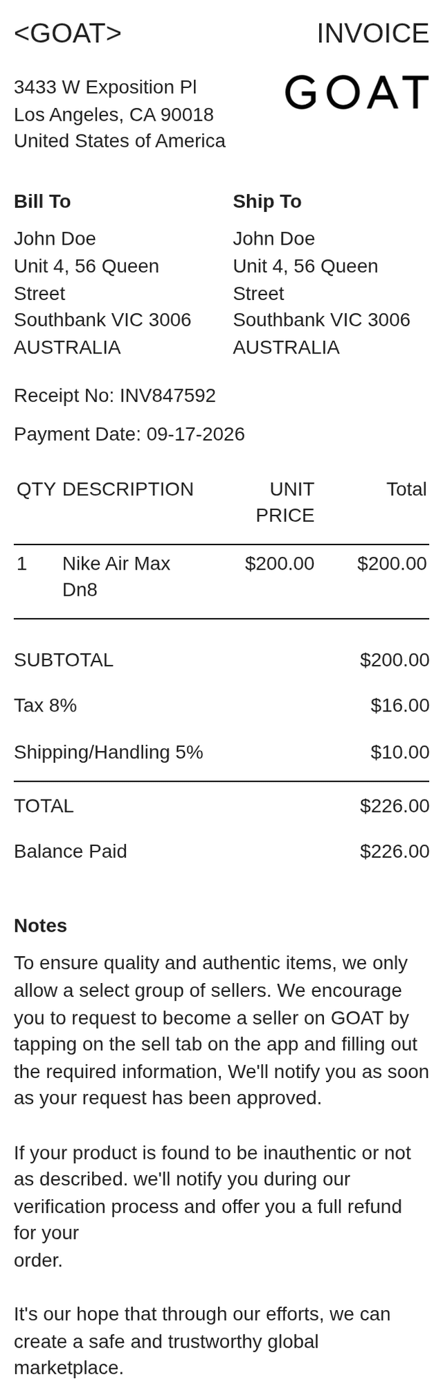 GOAT Receipt