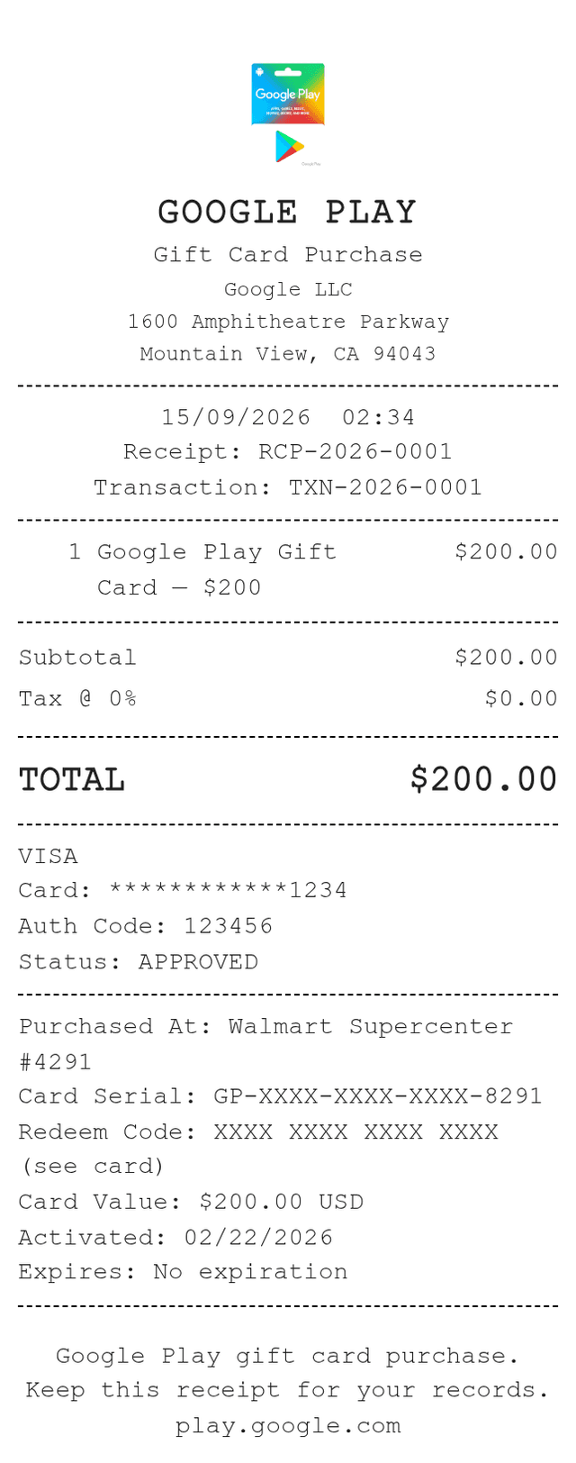 Google Play Card Receipt