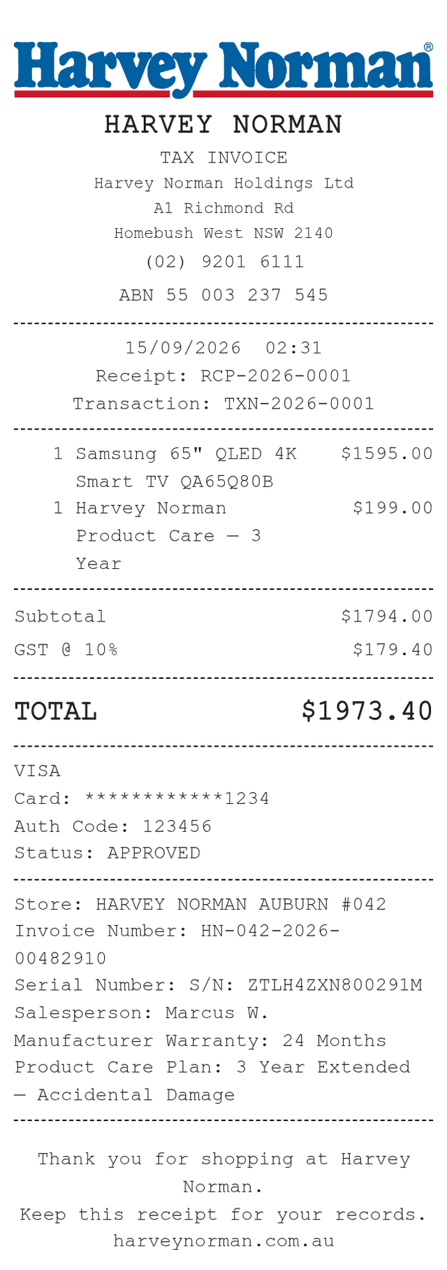 Harvey Norman Receipt