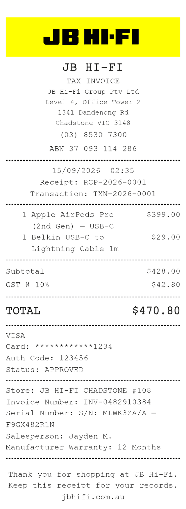 JB Hi Fi Receipt