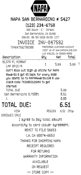 Napa Store Receipt Logo