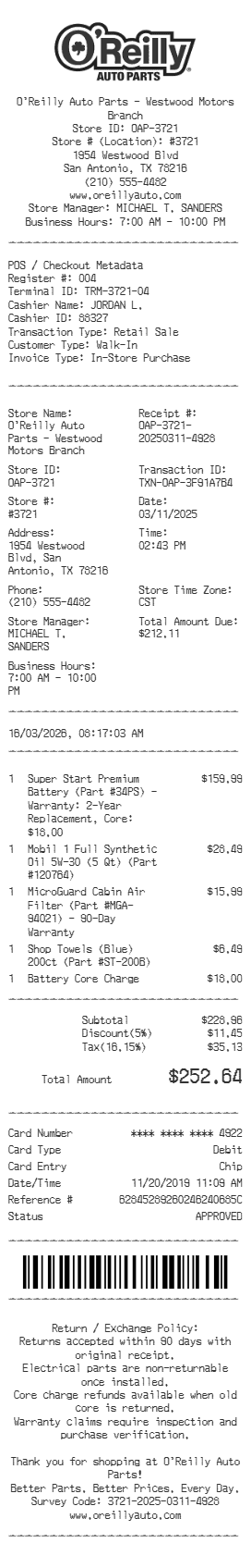O'Reilly Auto Parts Receipt — Alternate Layout