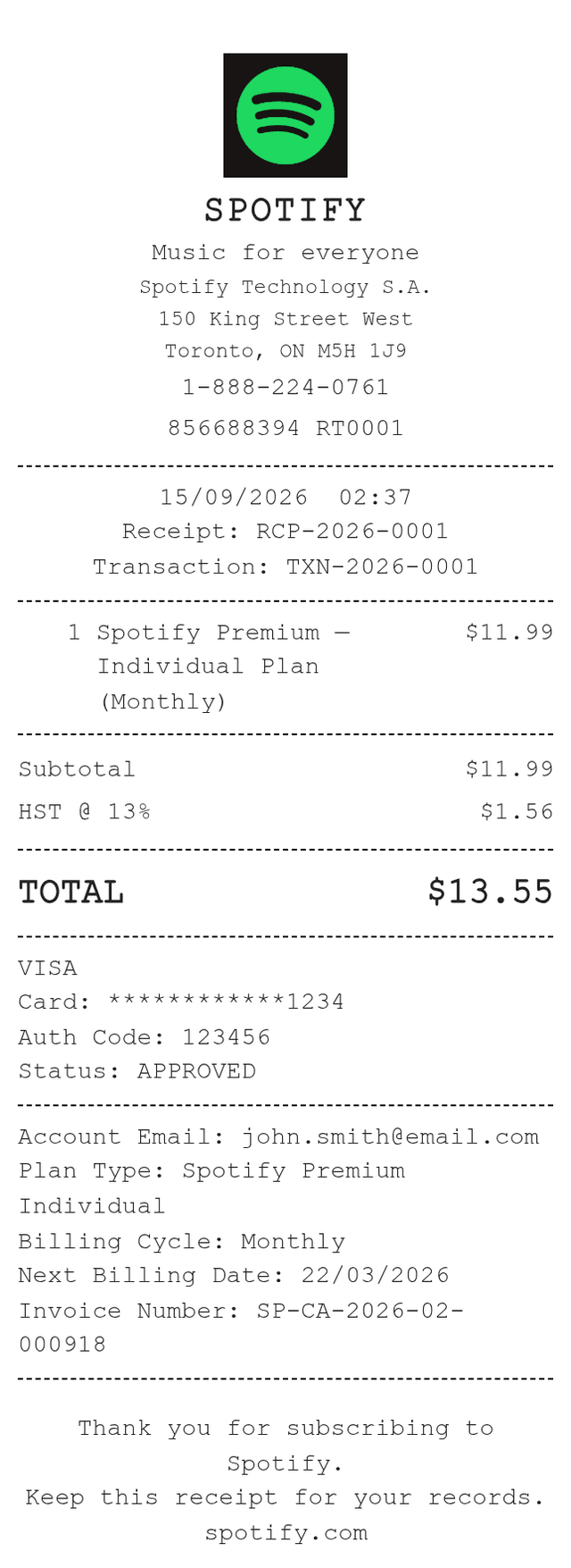 Spotify Canada Receipt