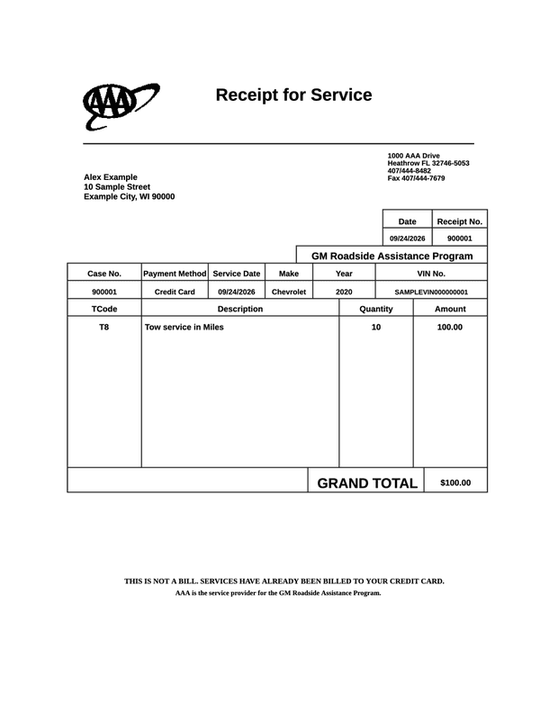 AAA Roadside Assistance Receipt editable example