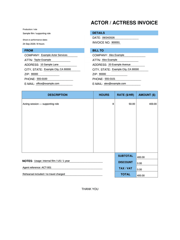 Actor Performance Invoice editable example