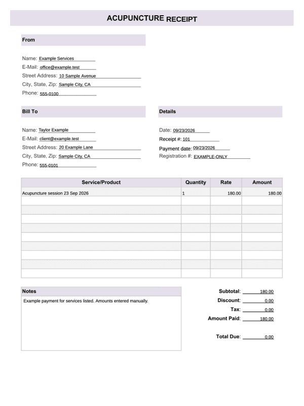 Acupuncture Receipt editable example