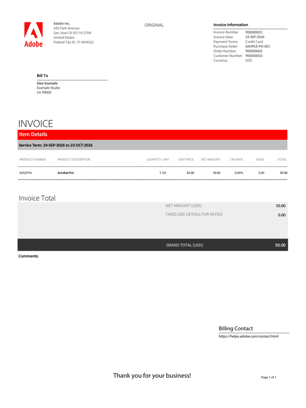 Adobe Subscription Invoice editable example