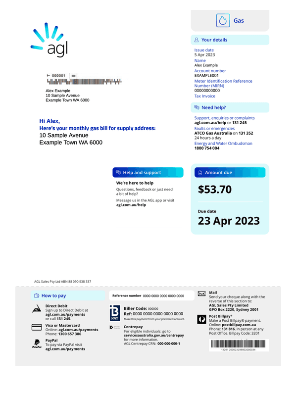 AGL Gas Bill editable example