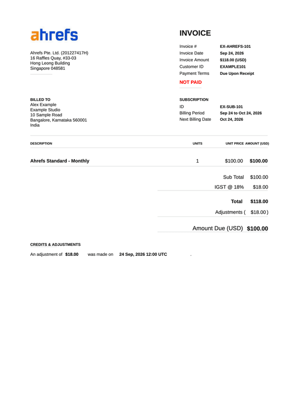 Ahrefs Subscription Invoice editable example
