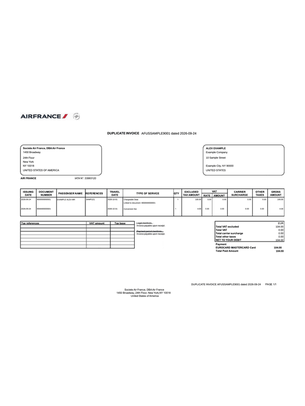 Air France Receipt editable example
