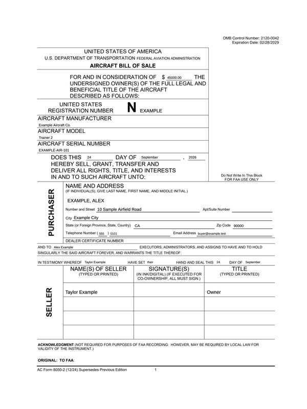 Aircraft Sale Receipt editable example