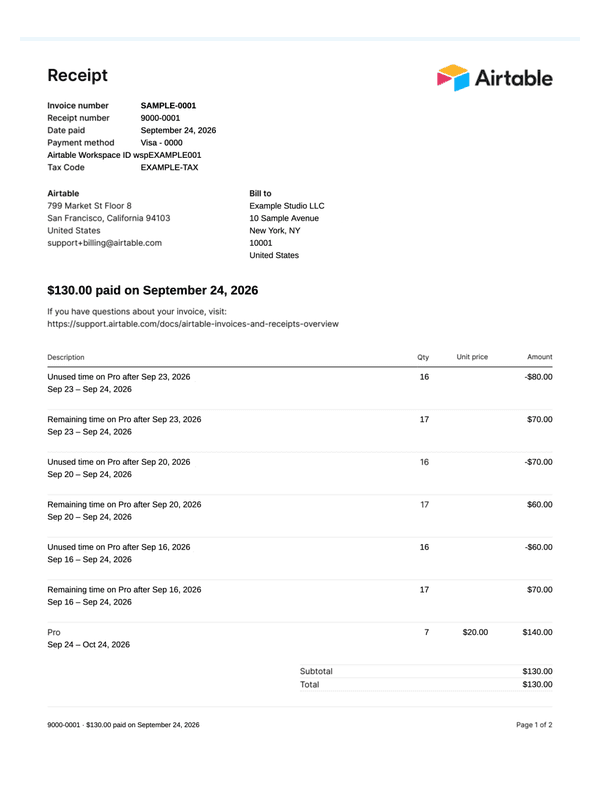 Airtable Workspace Receipt editable example